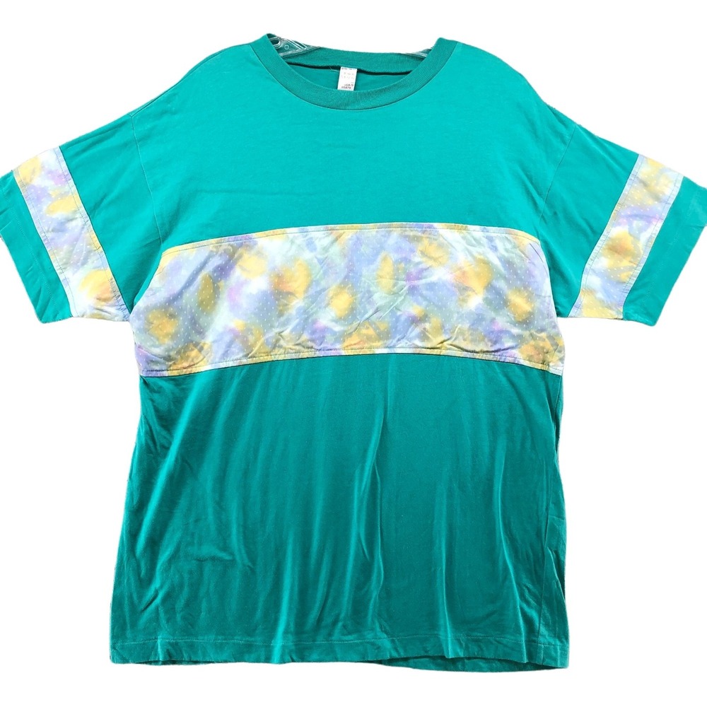 Vintage 80s 90s Colorblock T Shirt Womens Medium Emerald Teal Pastel Watercolor